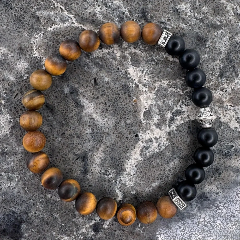 HAND CRAFTED Matte Onyx & Tiger Eye Beaded Stretch Bracelet 6.0” Circumference